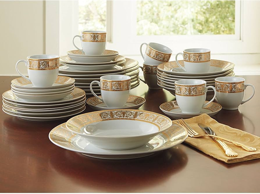 BrylaneHome Medici 40-Piece Premium Golden Porcelain Dinnerware Gold White Set (Service For 8) In... | Amazon (US)