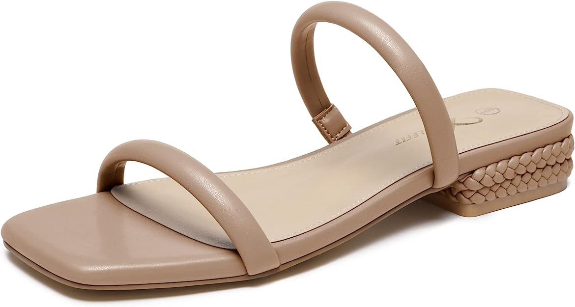 Athlefit Women's Two Strap Square Toe Sandals Summer Slip On Low Block Heel Slides | Amazon (US)