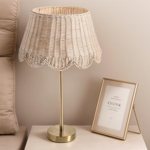 Premium Scalloped Rattan Shade Table Lamp, Small Brass Gold Table Lamps for Nightstand, Gold Smal... | Amazon (US)