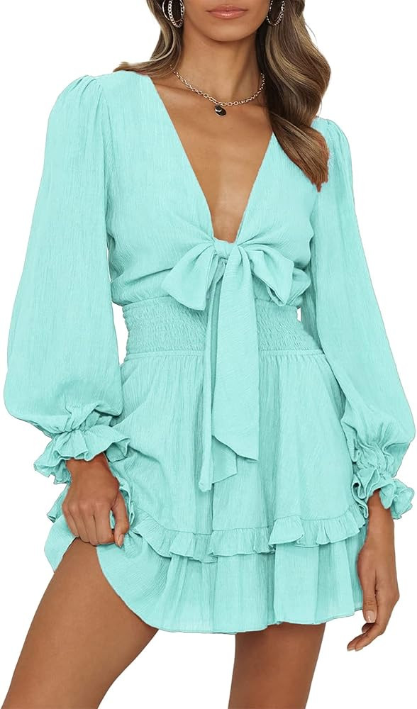 PRETTYGARDEN Women's Short A-Line Flare Dress Knot Front Long Sleeve V Neck Tiered Ruffle Swing M... | Amazon (US)