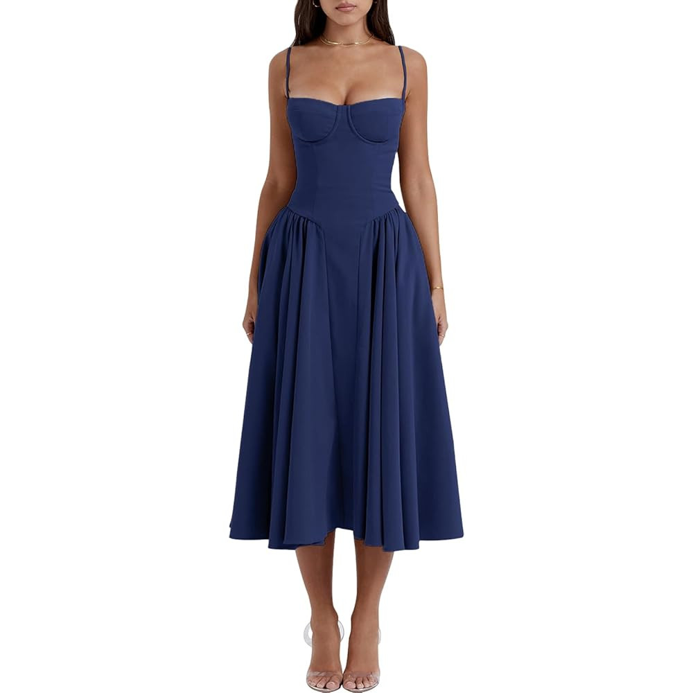 Womens Corset Dress Elegant Spaghetti Strap Midi Dress Flowy Pleated Hem Low Cut Prom Dresses Flo... | Amazon (US)