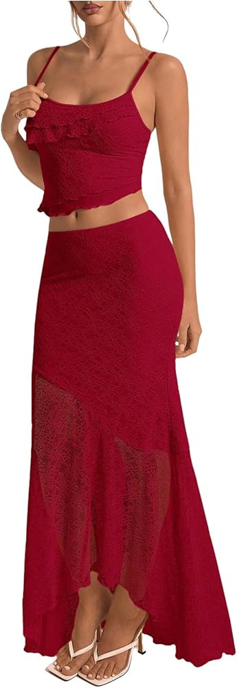 GORGLITTER Women's Two Piece Maxi Skirt Sets Summer Outfits Going Out Lace Asymmetrical Long Skir... | Amazon (US)