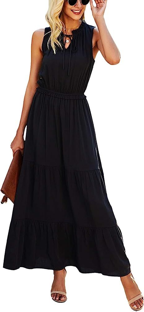 KIRUNDO Summer Women’s Sleeveless Maxi Dress Solid Tie Neck Dress High Waist Ruffle Hem Floral A-Lin | Amazon (US)