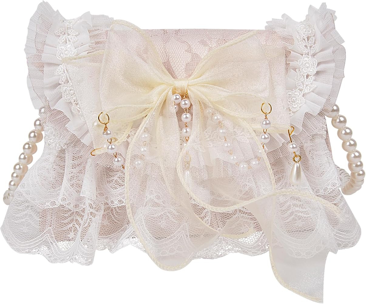 QZUnique Lolita Shoulder Bag Handmade Crossbody Tote Bags with Lace Bow Handbags for Women Girl P... | Amazon (US)