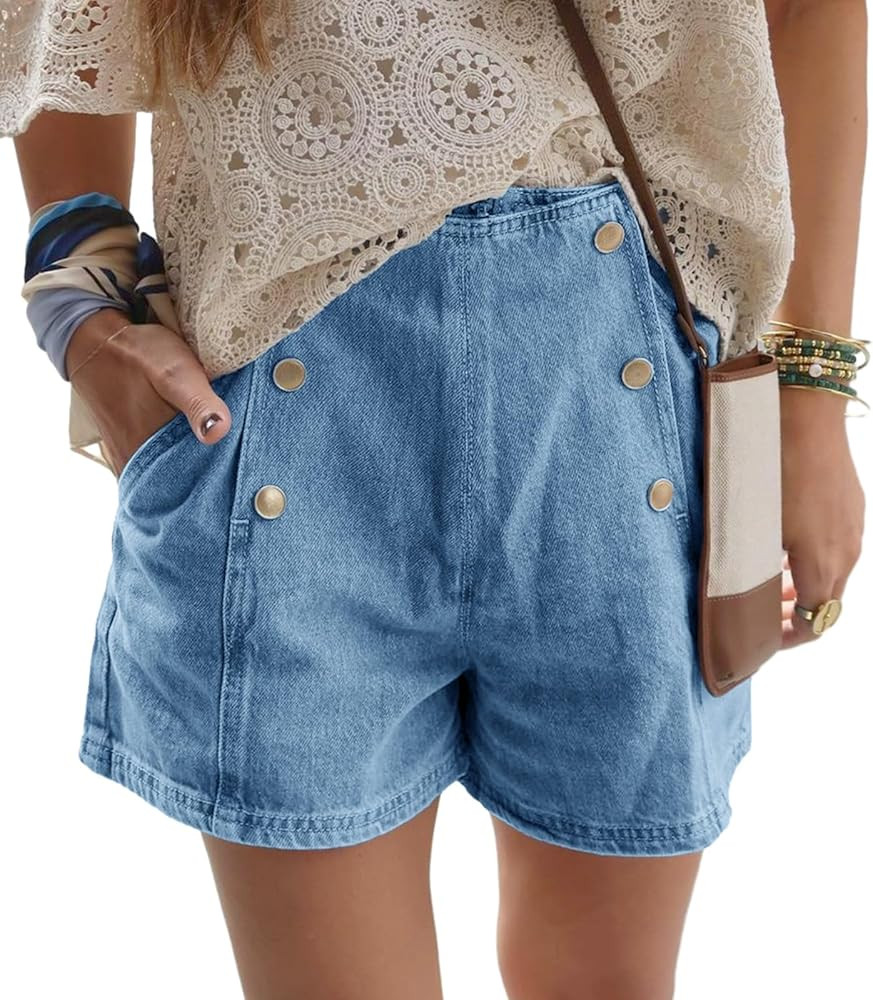 PLNOTME Womens Denim Shorts Mid Rise Casual Summer Loose Vintage Double Breasted Jean Shorts with... | Amazon (US)