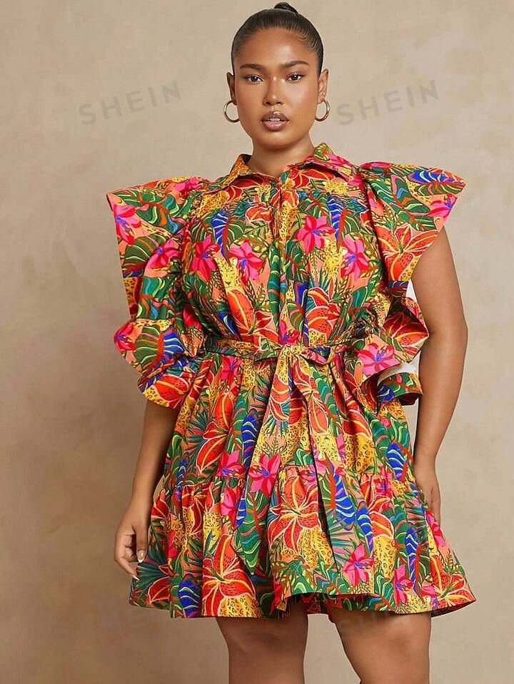 SHEIN Haute Plus Tropical Print Puff Sleeve Dress | SHEIN