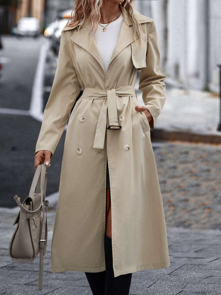 Double Breasted Slant Pockets Belted Trench Coat | SHEIN