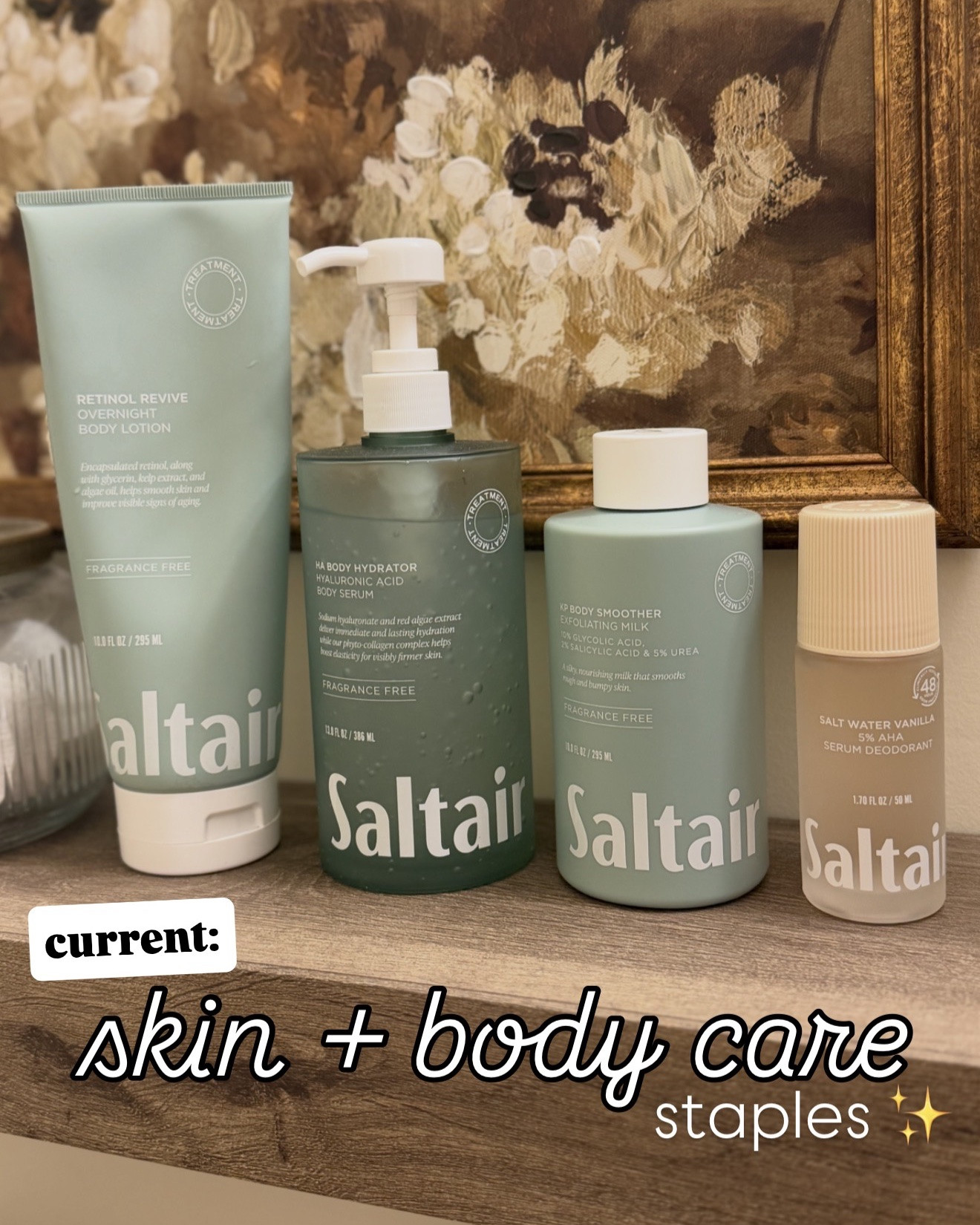 Current body care lineup and my skin has honestly never felt smoother 🤍✨ These Saltair products have been on repeat lately — hydrating, smoothing, and perfect if you love clean, cozy products that actually work. The KP exfoliating milk + HA body serum combo is SO good. Linking everything for you 🫶🏻

✨ Saltair Retinol Revive Overnight Body Lotion
✨ Saltair HA Body Hydrator Hyaluronic Acid Body Serum
✨ Saltair KP Body Smoother Exfoliating Milk
✨ Salt Water Vanilla 5% AHA Serum Deodorant

#bodycare #skincarefavorites #skincare #selfcareroutine #glowingskin

#LTKdayinmylife #LTKmomlife #LTKselfcare