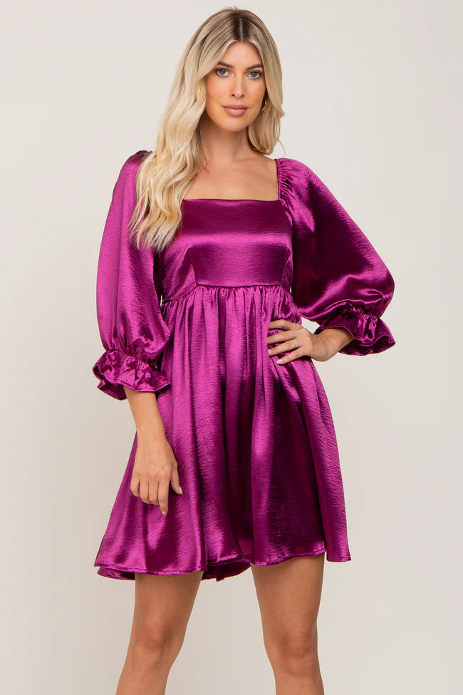 Magenta Satin Square Neck Babydoll Mini Dress | PinkBlush Maternity