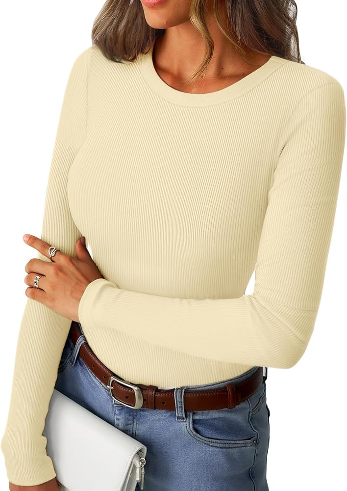 Womens Long Sleeve Shirts Ribbed Slim Fit Tops Tight Casual Crewneck Basic Tee 2026 Spring Fall C... | Amazon (US)