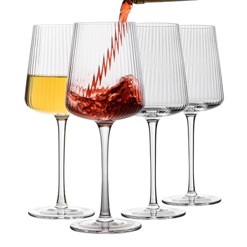 INSETLAN Elegant Ribbed Wine Glasses Set of 4 – 13.5 oz Lead-Free Crystal Ribbed Stemware for Red & White Wine, Premium Hand-Blown Glasses for Weddings, Dinner Parties, & Special Occasions | Amazon (US)