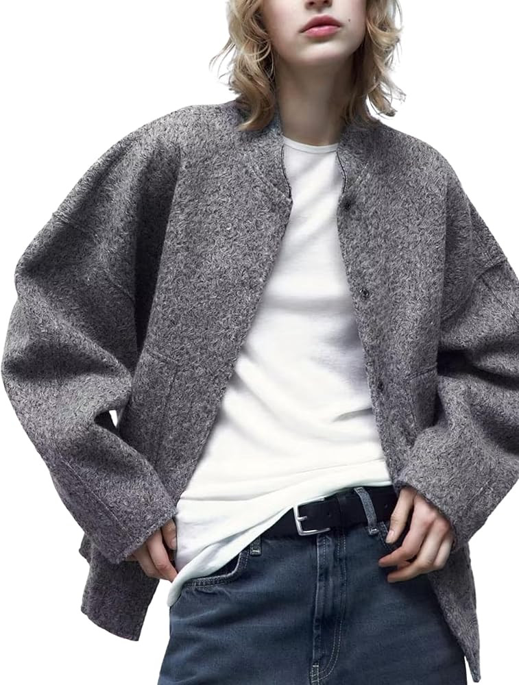 Ailoqing Womens Oversized Bomber Jackets Wool Blend Button Down Casual Varsity Jacket Coats Outer... | Amazon (US)