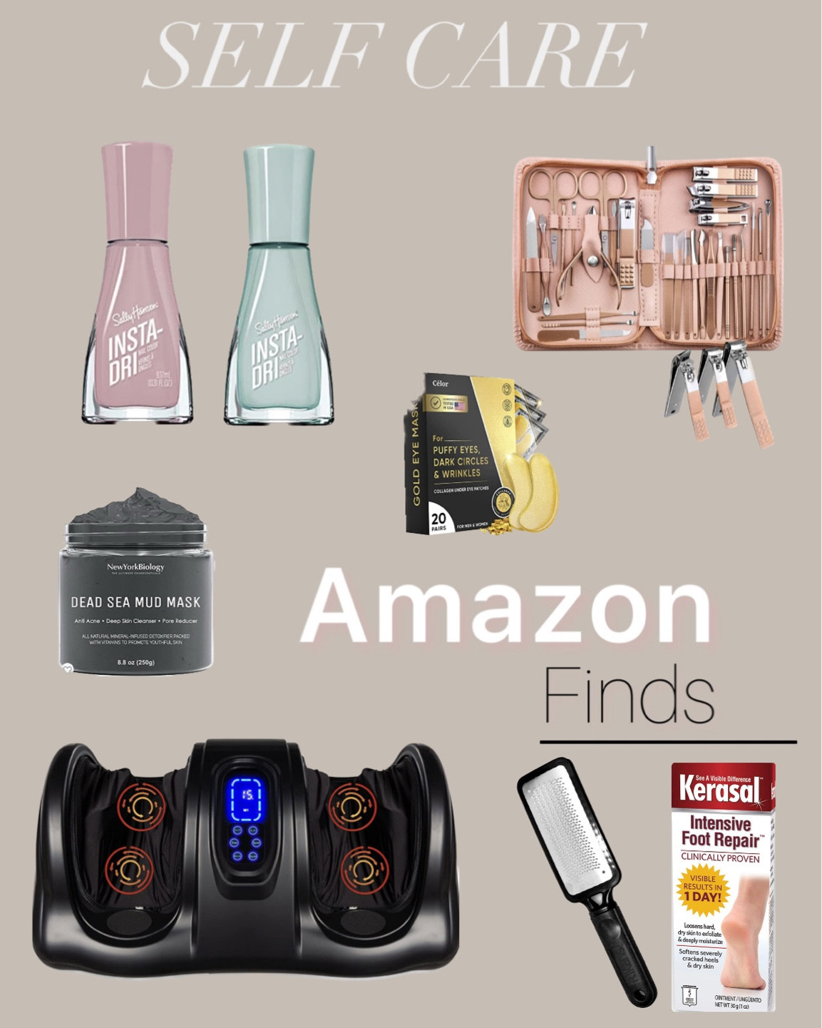 Time for some self care! All from Amazon! 

Insta Dri nail polish 
Manicure/ Pedicure clipper set
Gold under eye patches 
Dead Sea mud mask 
Foot massager 
Foot file/ callus remover 
Kerasal intensive foot repair 

#LTKbeauty #LTKFind