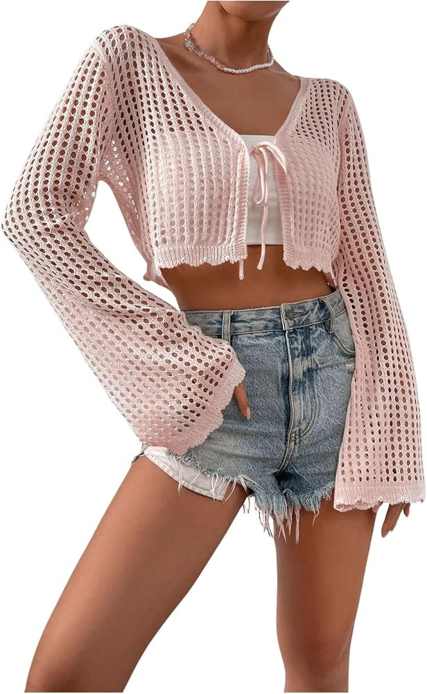 SHENHE Women's Tie Front Tops Bell Long Sleeve Knit Crochet Cardigan Crop Top | Amazon (US)