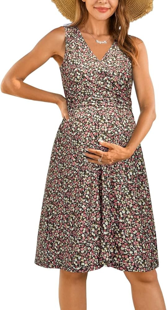 OUGES Womens 2025 V-Neck Maternity Dresses Nursing Breastfeeding Baby Shower Dress | Amazon (US)