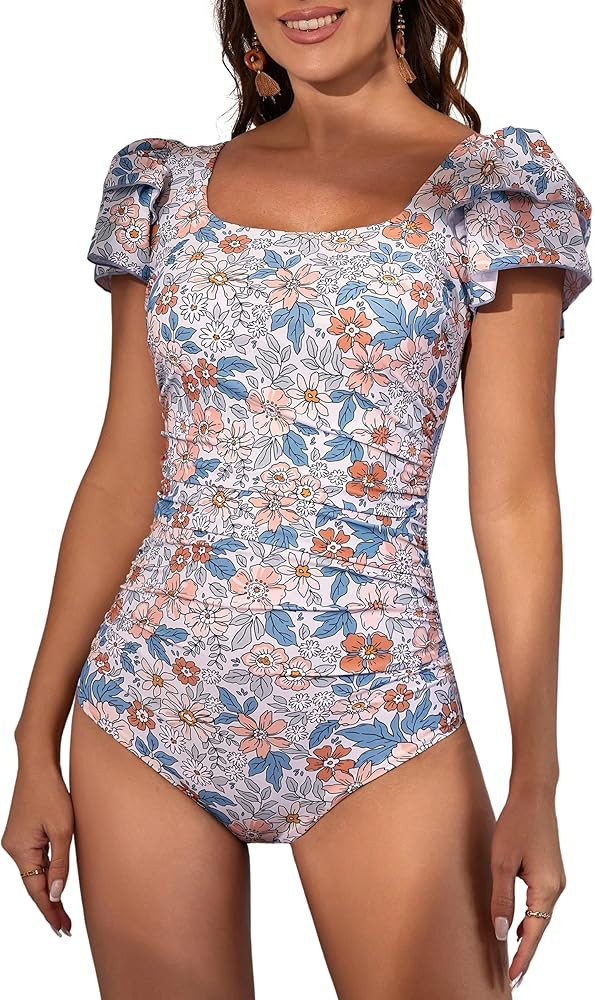 Eomenie Women's Tummy Control One Piece Swimsuit Ruffle Square Neck Bathing Suit Ruched Cutout Ba... | Amazon (US)