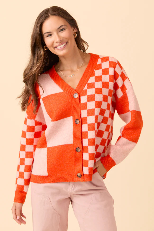 Alyssia Coral And Orange Checkered Cardigan FINAL SALE | Pink Lily