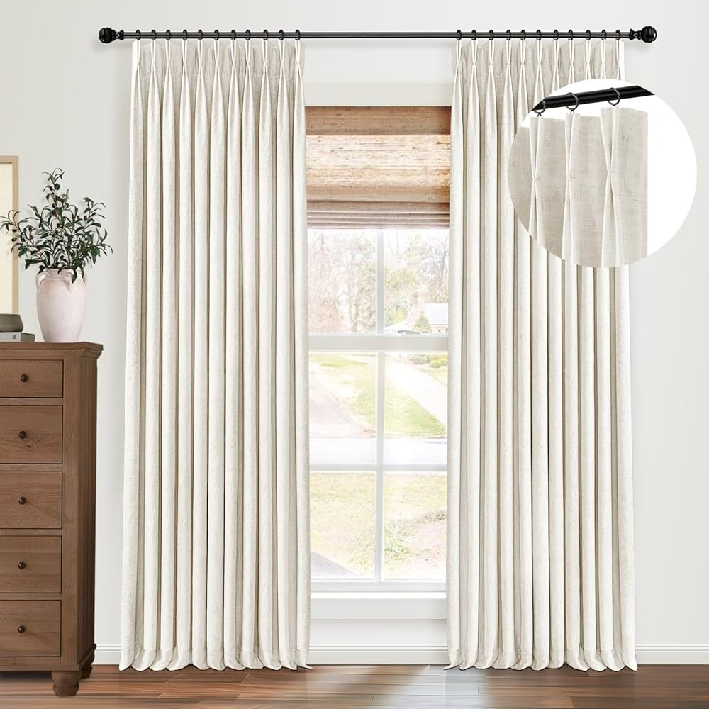Pinch Pleated Blackout Curtains 90 Inch Long, Linen Blend, 100% Blackout Drapes with 20 Hooks, Id... | Amazon (US)