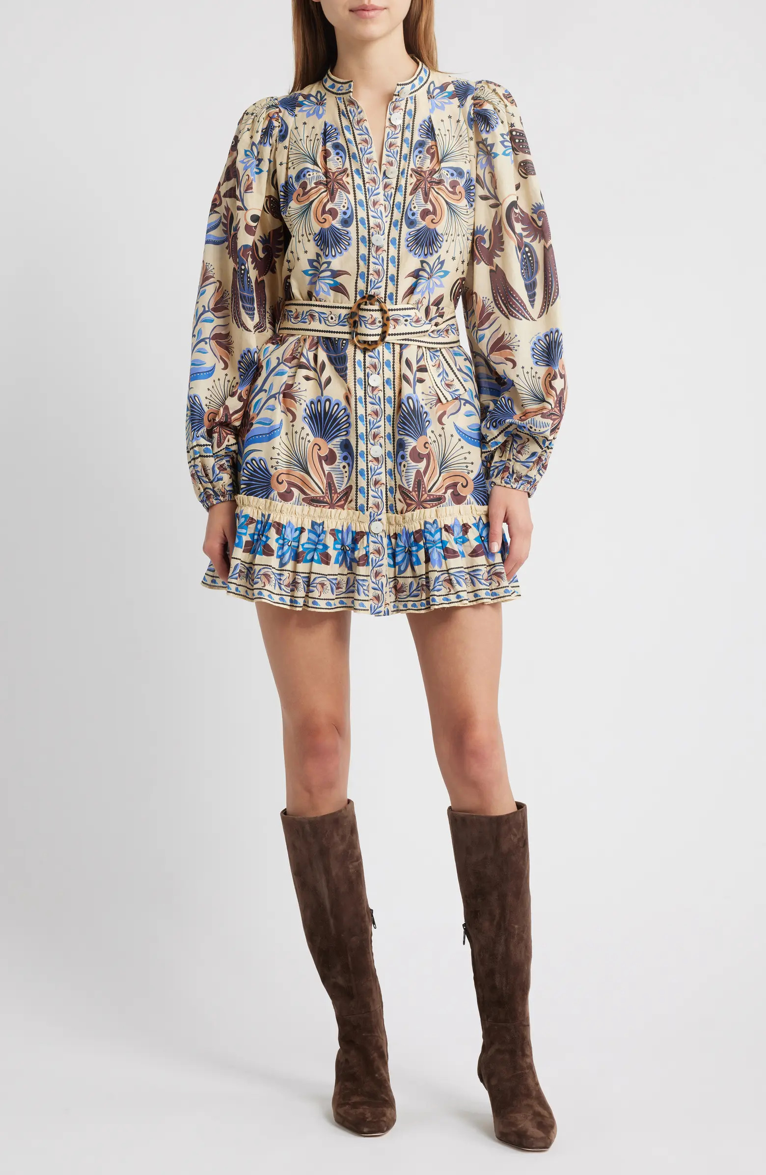 FARM Rio Nature Land Long Sleeve Belted Minidress | Nordstrom | Nordstrom