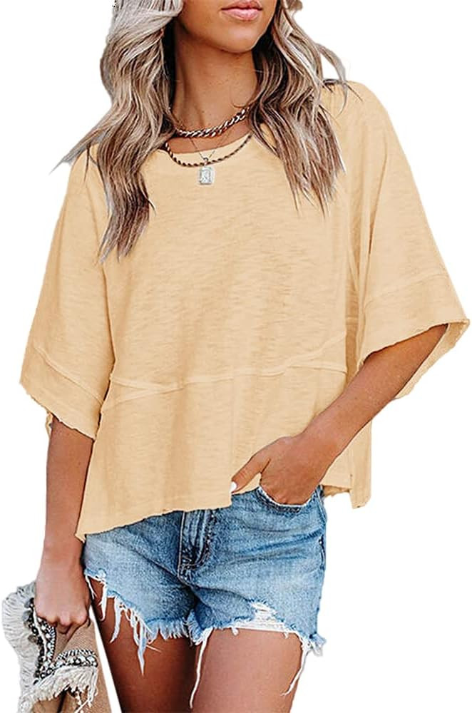 Women's Summer Casual Crewneck Batwing Half Sleeve T-Shirts Solid Color Loose Fit Cute Basic Flow... | Amazon (US)