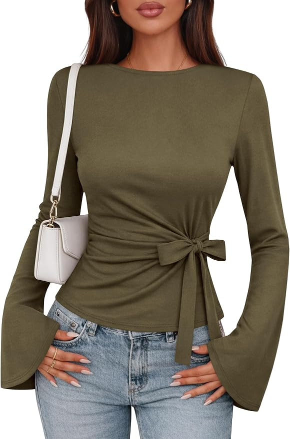 Womens Tie Waist Tops Long Bell Sleeve Shirt Work Blouses | Amazon (US)
