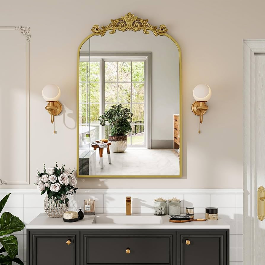 Vintage Arched Wall Mirror, 24x36 inch Retro Arch Bathroom Mirror, Carve Pattern Top Wall Mounted... | Amazon (US)