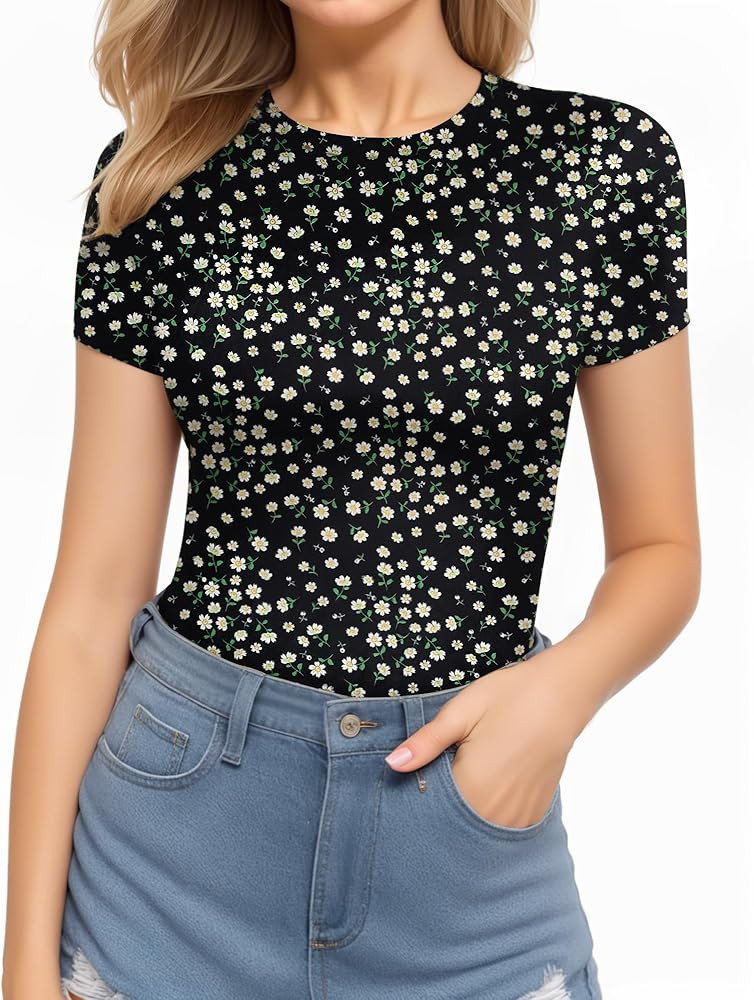 MANGOPOP Women's Round Neck Short Sleeve Bodysuit T Shirts Basic Body Suit Tops | Amazon (US)