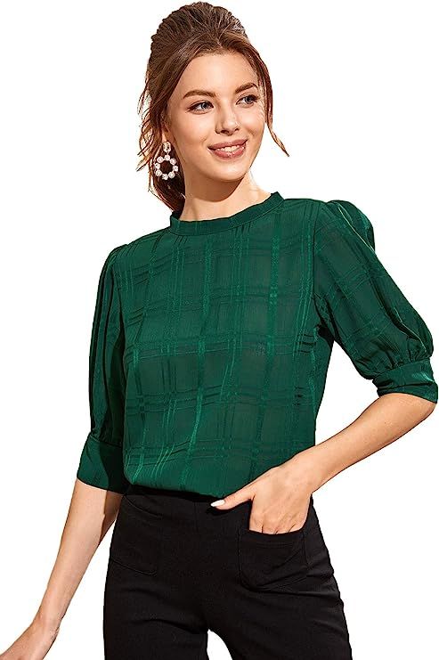 SheIn Women's Grid Office Blouse Work Top Puff Sleeve Shirt | Amazon (US)