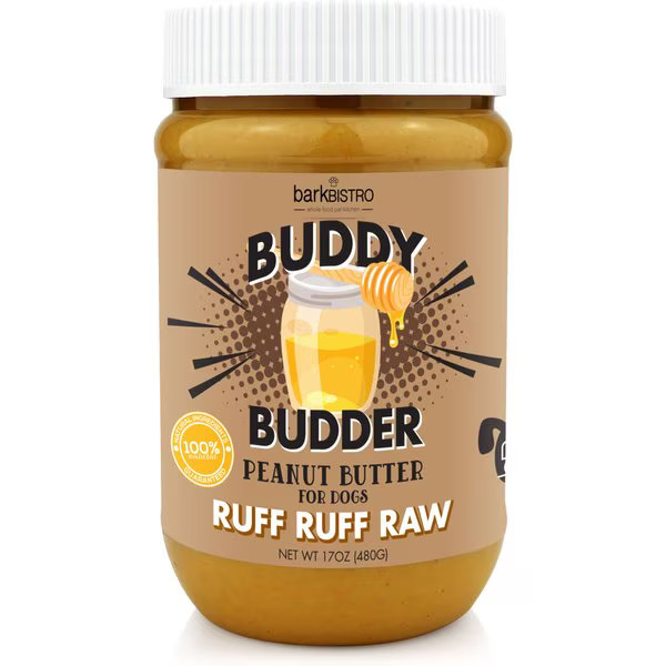 Bark Bistro Company Buddy Budder Ruff Ruff Raw Peanut Butter Lickable Dog Treats, 17-oz jar | Chewy.com