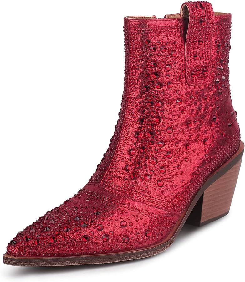 ISNOM Rhinestone Cowboy Boots Sparkly Ankle Boots with Pointed Toe and Chunky Heel Design | Amazon (US)