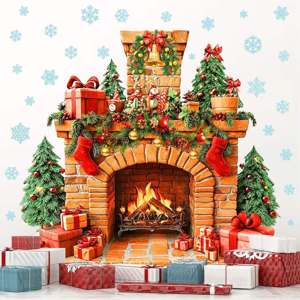 Large Fireplace Wall Stickers Removable Christmas Wall Decals Peel and Stick Fireplace Mural Stic... | Amazon (US)