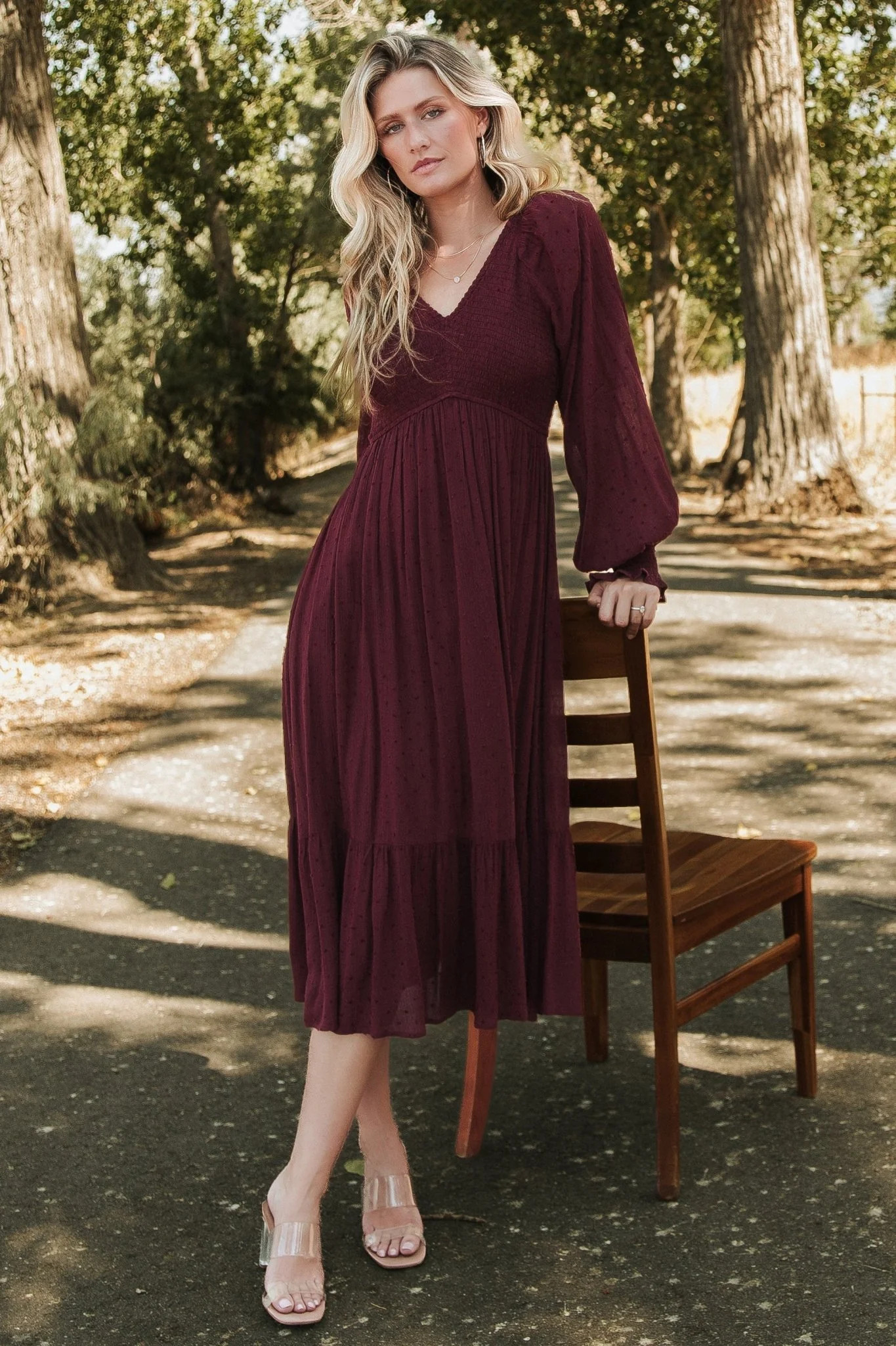 Lainey Smocked Dotted Midi Dress \u2014 Mulberry | Baltic Born | Baltic Born