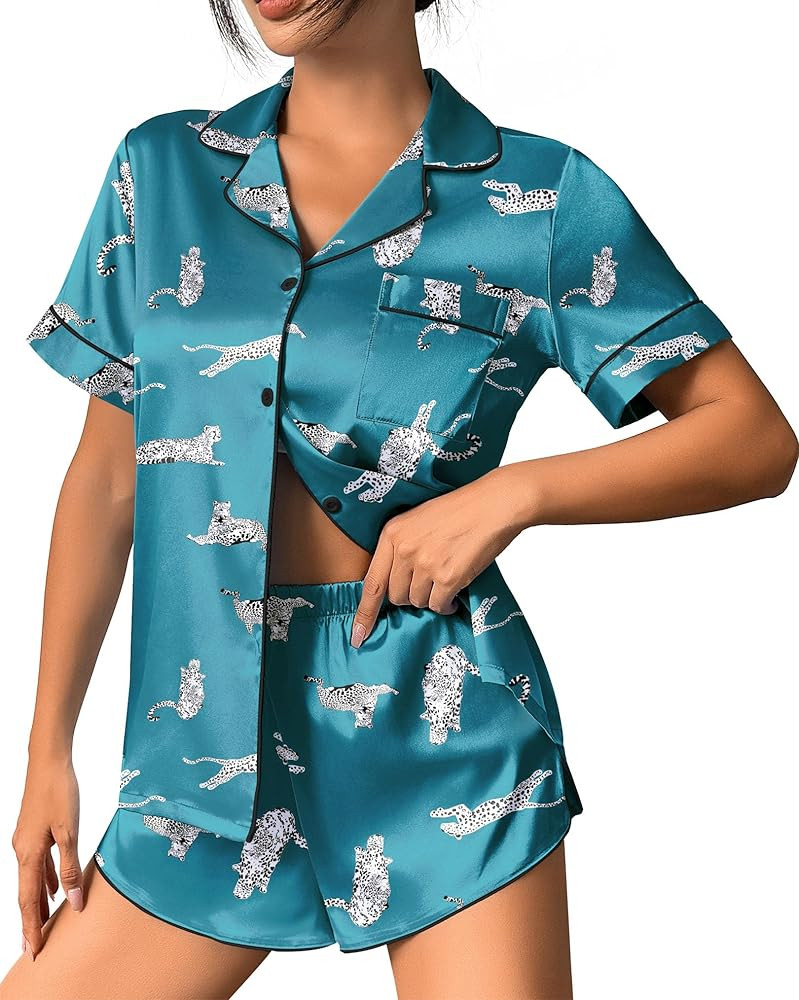 Ekouaer Womens Silk Satin Pajama Set Print Short Sleeve Sleepwear Button Down Pjs Shorts Set Loun... | Amazon (US)