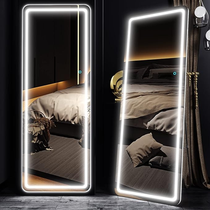 LVZORY Full Length Mirror with Lights,63"x22" Floor Mirror Dimming & 3 Color Lighting,Stand Up Mi... | Amazon (US)