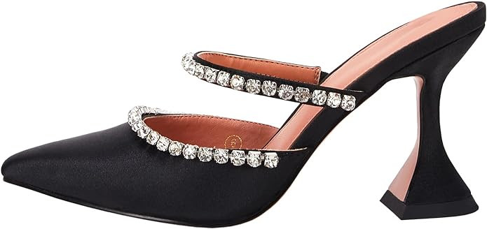 VETASTE Women's Pointed Toe Strappy Heels Crystal Satin Heeled Mules Wedding Party Shoes | Amazon (US)