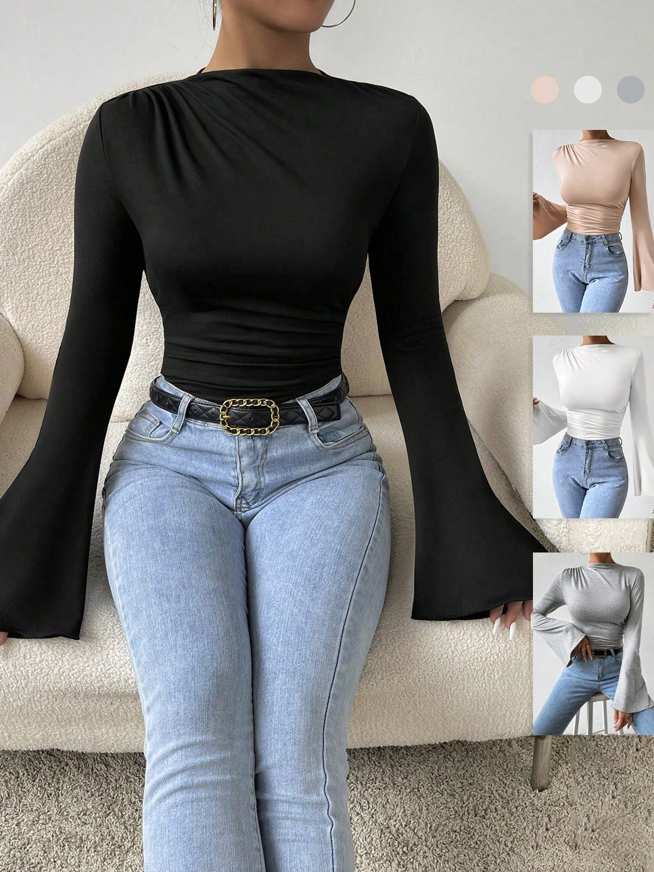 SHEIN Raffinéa Solid Bell Sleeve Ruched Bodysuit for Sale Australia| New Collection Online| SHEI... | SHEIN