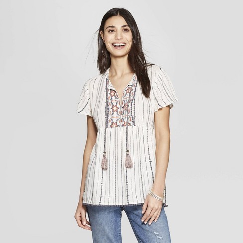 Women's Short Sleeve V-Neck Flutter Sleeve With Embroidered Yoke - Knox Rose™ Ivory | Target