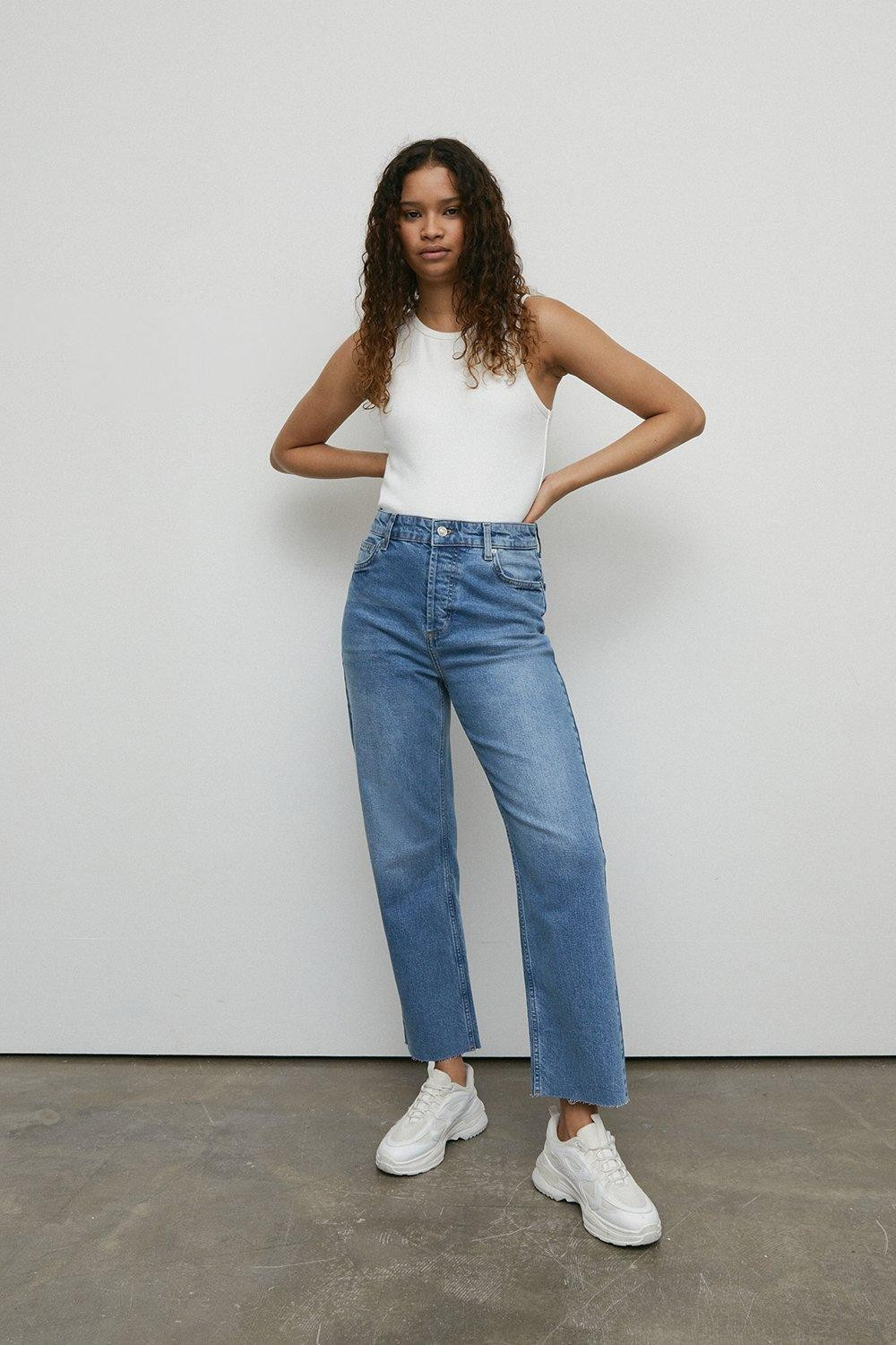 94s Denim Stretch Straight Leg Raw Hem Jeans | Warehouse UK & IE