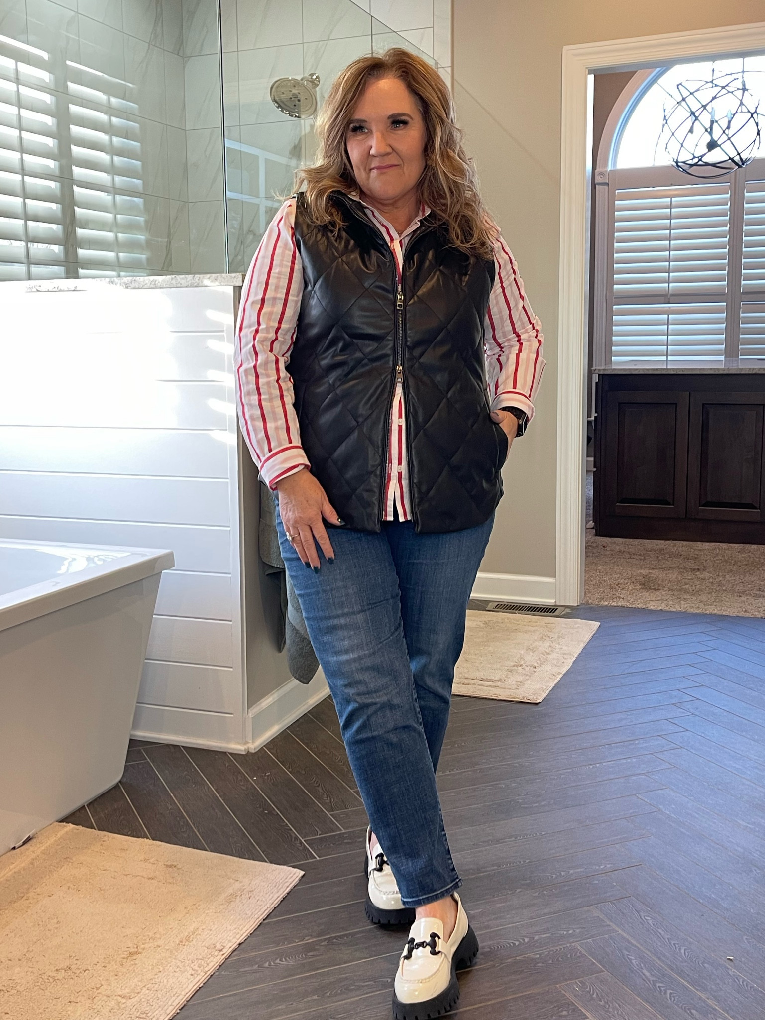 Faux leather vest is 50% off! I love how it has a double zipper and you can unzip the bottom for more movement and seeing more of your legs. Size 2.0. It’s roomy. 

Blouse I’m in an XL. So colorful and happy. 

Jeans are slim straight ankle girlfriend. I’m in a 2.0 which is my smaller size in denim. I wanted a pair that was more fitted and these fit and engage the stretch only a little. 

New jeans, valentines outfit, business casual 

#LTKSeasonal #LTKsalealert #LTKunder100