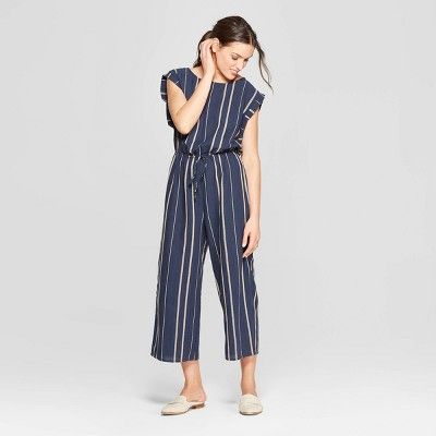 Women's Short Sleeve Scoop Neck Striped Jumpsuit - Universal Thread™ Navy | Target