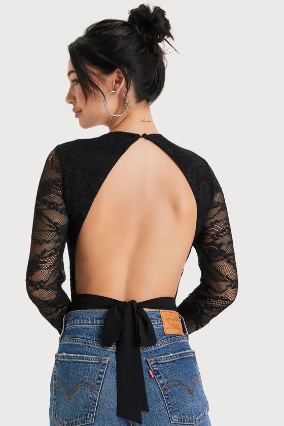 Adoring Date Black Lace Long Sleeve Tie-Back Bodysuit | Lulus