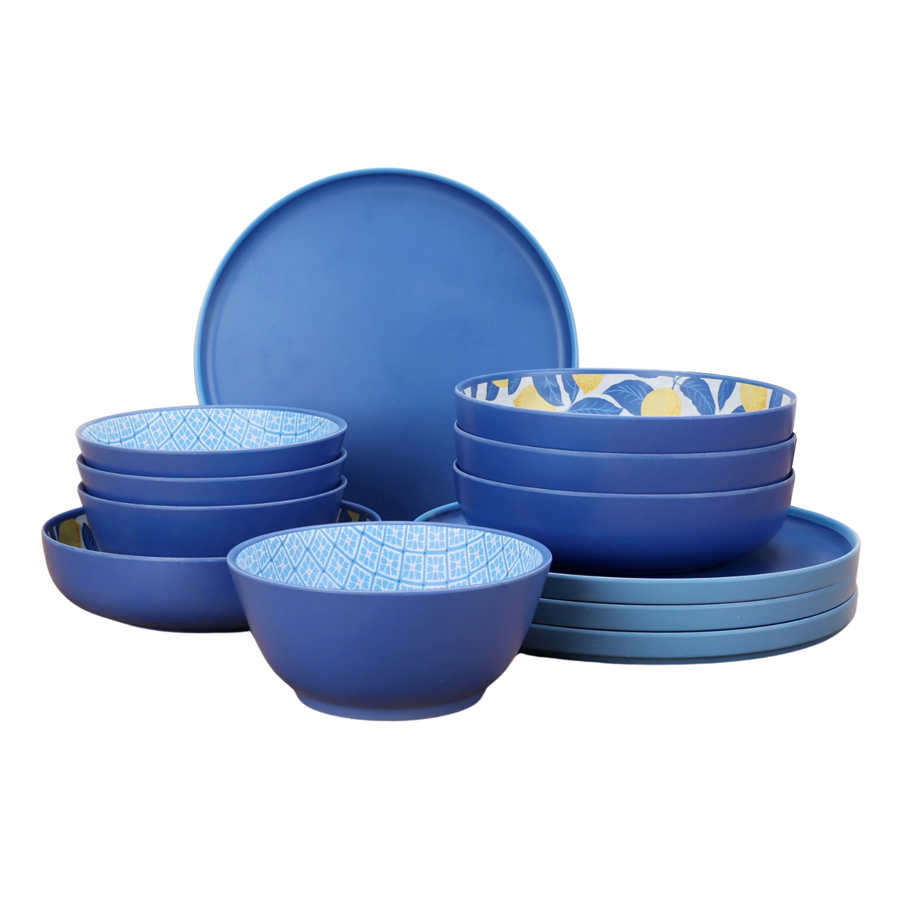 Mainstays by Becky G. & Alejandra Bamboo Melamine 12-Piece Dinnerware Set, Lemon & Blue | Walmart (US)