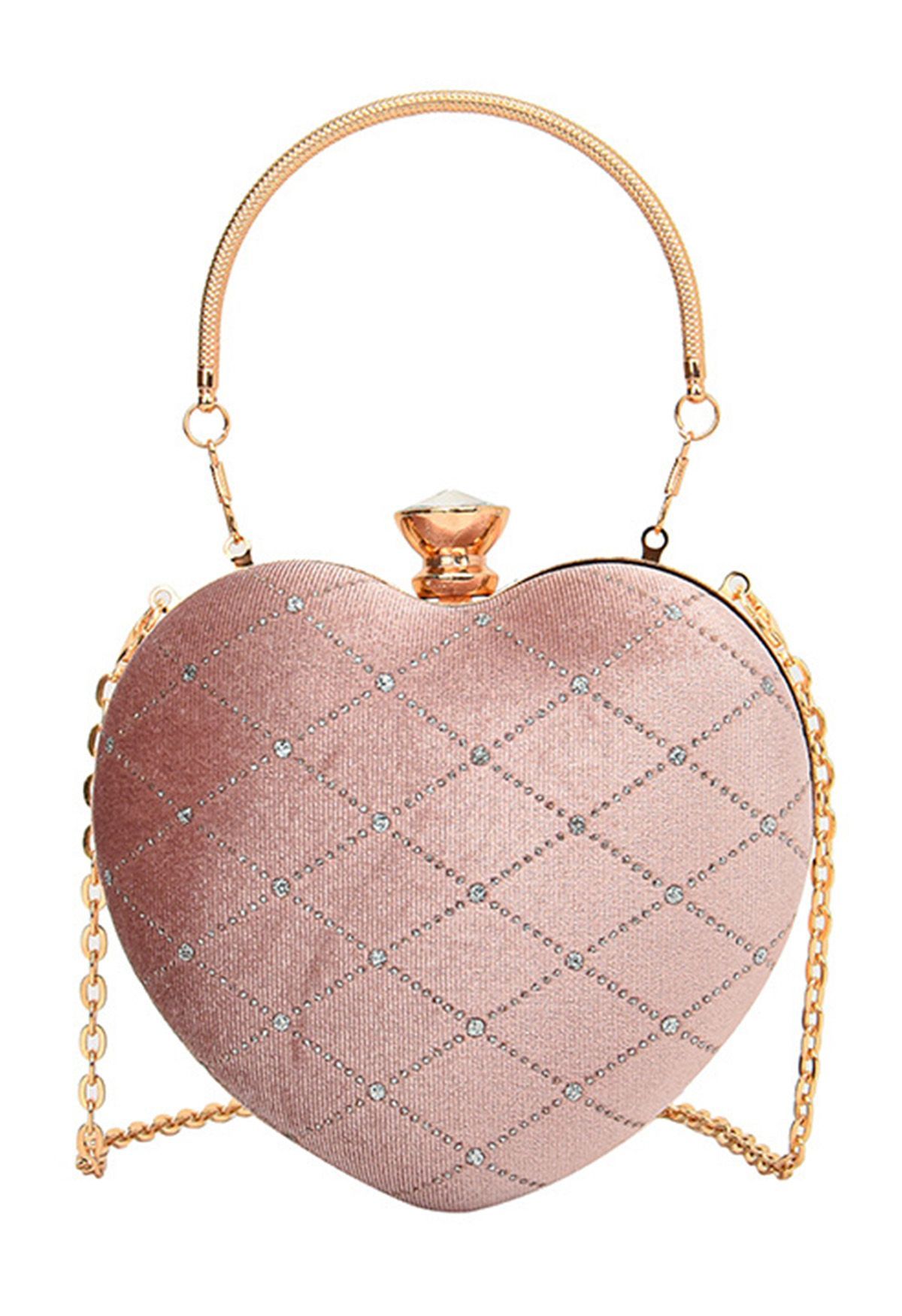High-End Diamond-Shape Velvet Heart Clutch in Pink | Chicwish