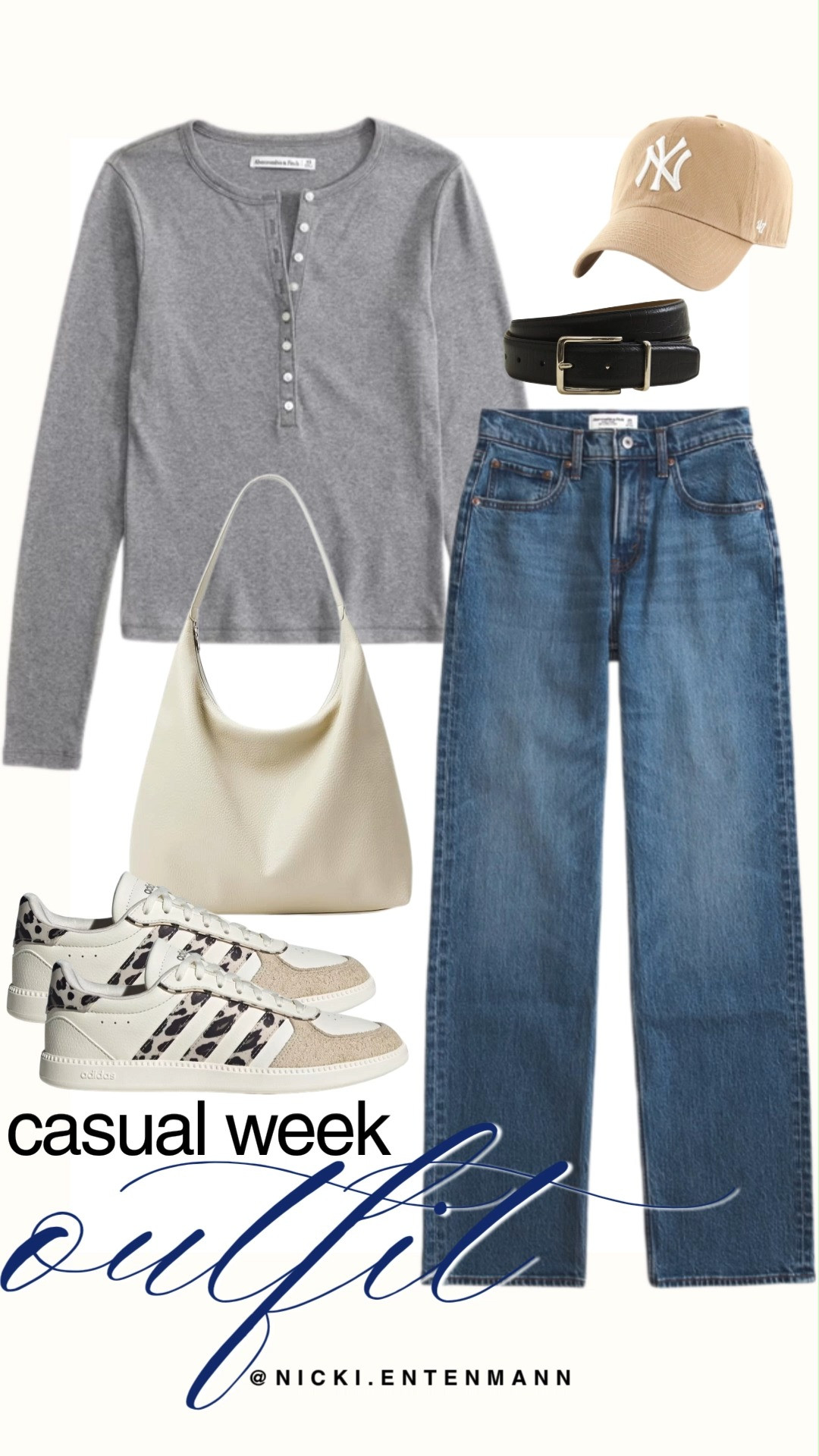 Effortlessly master off-duty style with this casual week outfit edit built around everyday denim essentials. High-waisted straight-leg medium blue jeans pair with a long-sleeve heather grey henley, cinched at the waist with a classic black leather belt. Leopard print Adidas sneakers, a slouchy cream shoulder bag, and a tan NY baseball cap finish this preppy look.

#casualweek #everydaystyle #denimoutfit #streetstyle #outfitinspiration #preppycasual #fallfashion 

 #LTKootd #LTKmomlife #LTKTravel
