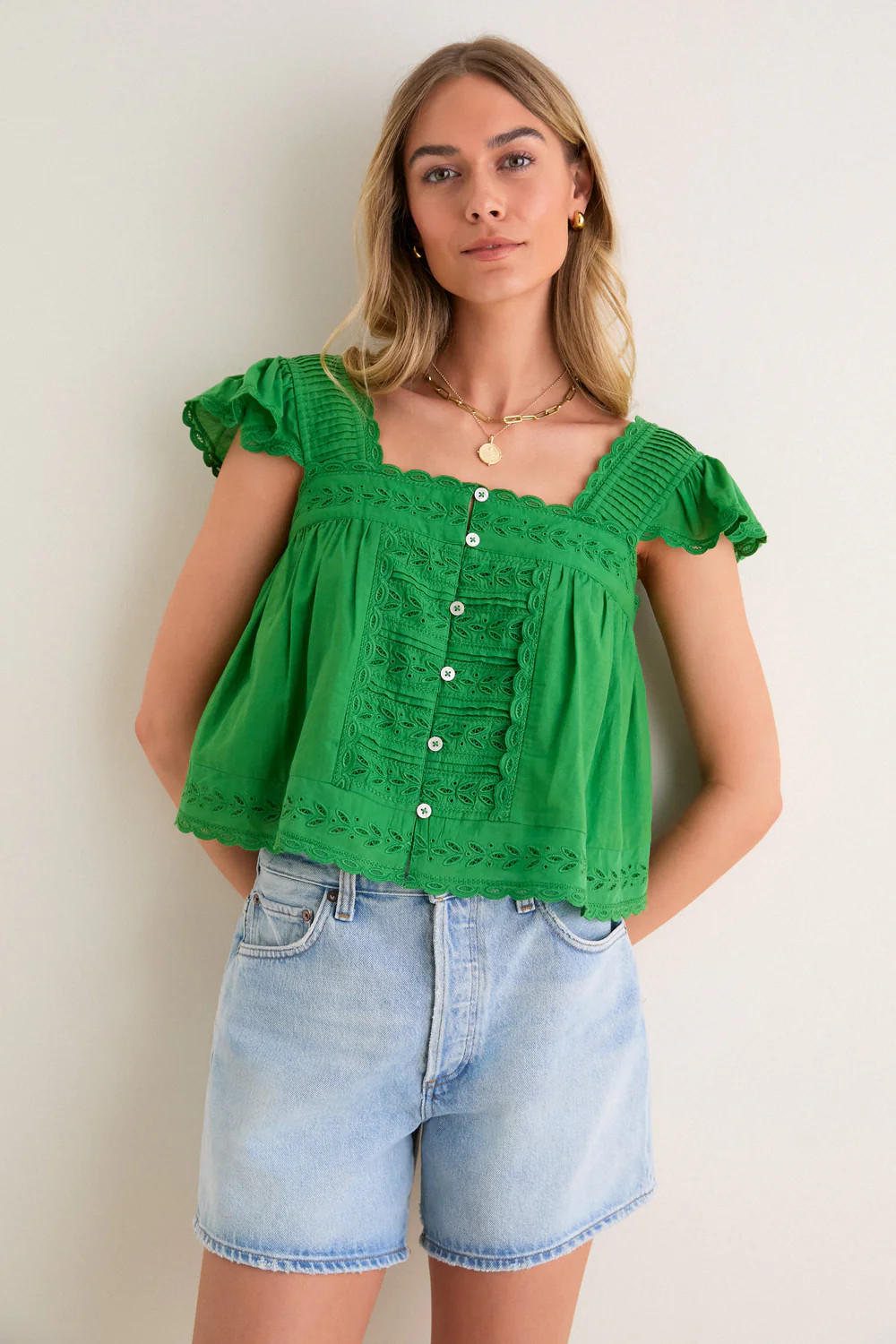 Green Eliza Solid Flutter Sleeve Top | Tuckernuck (US)
