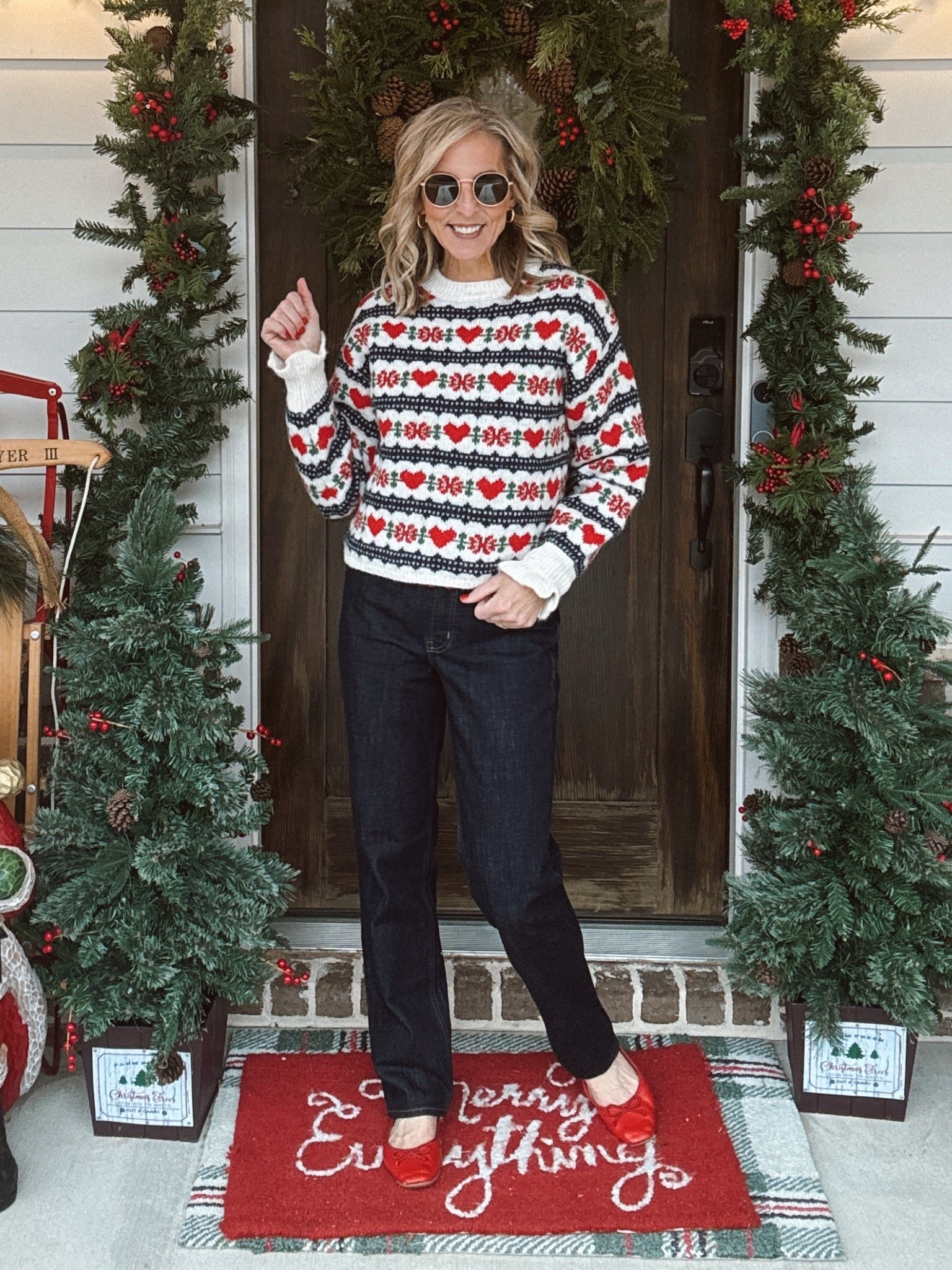 This sweater is $27 today. Hot deal.!! 

This 49-year-old mama is heading into learning land a little festive and a lot cozy. Today I’m wearing the cutest loose crewneck wool-blend cropped sweater — only $32 today! The fair-isle print, raglan sleeves, and ruffled cuffs make it feel extra special. Paired it with these extra-high-waisted jeans that are on deal for just $25… comfy, flattering, and perfect for a full day at school. Comment Heart, and I’ll send you all the details! 🎄❤️

Wearing size small in the sweater 
Size 2 in the jeans. (On deal today) 
Pjs are Amazon  

#LTKHoliday #LTKdayinmylife #LTKgrwm