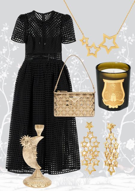Summer evening look in black and gold ✨🖤🥂 it consists of elements like stars, golds and metallics. 