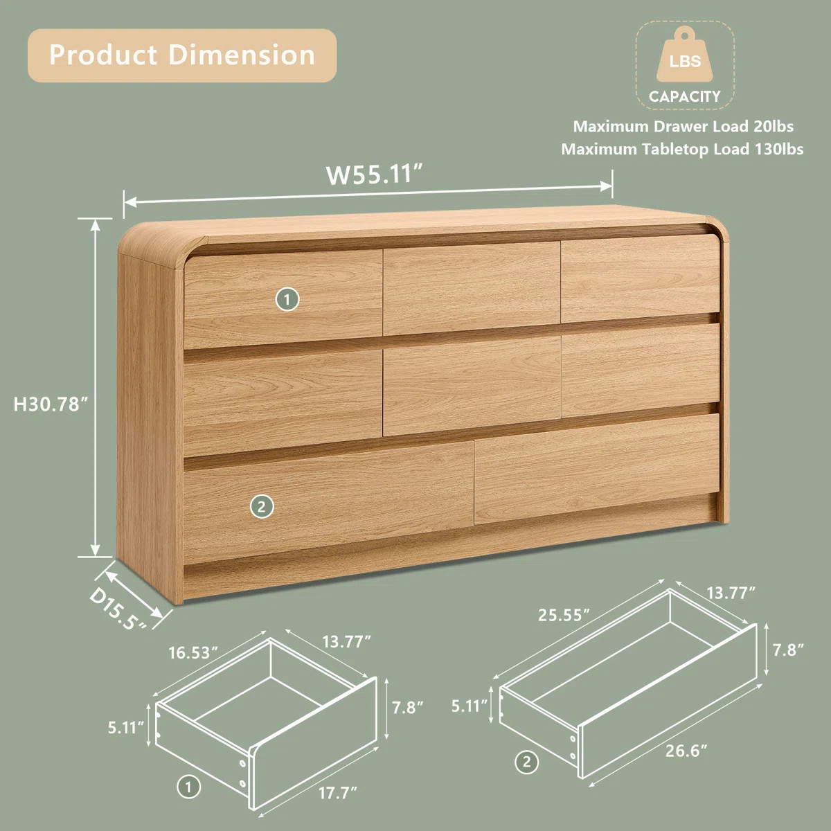 Modern 8 Drawers Dresser for Bedroom, 55" Wide Dressers & Chest of Drawers w/Curved Profile Desig... | Wayfair North America