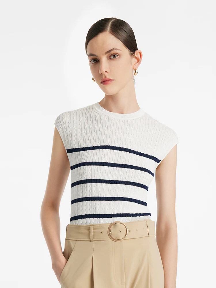 Acetate Knitted Striped Pullover Women Knit Top | GOELIA