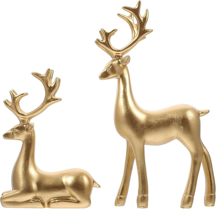 Amazon.com: Christmas Reindeer Statues Golden Elks: Gold Resin Deer Miniature Figurine Xmas Artif... | Amazon (US)